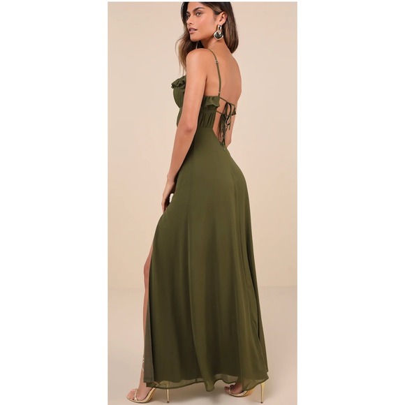Lulus Dress Womens Medium Green Exemplary Beauty Strappy Ruffle Maxi Slit - Picture 4 of 11